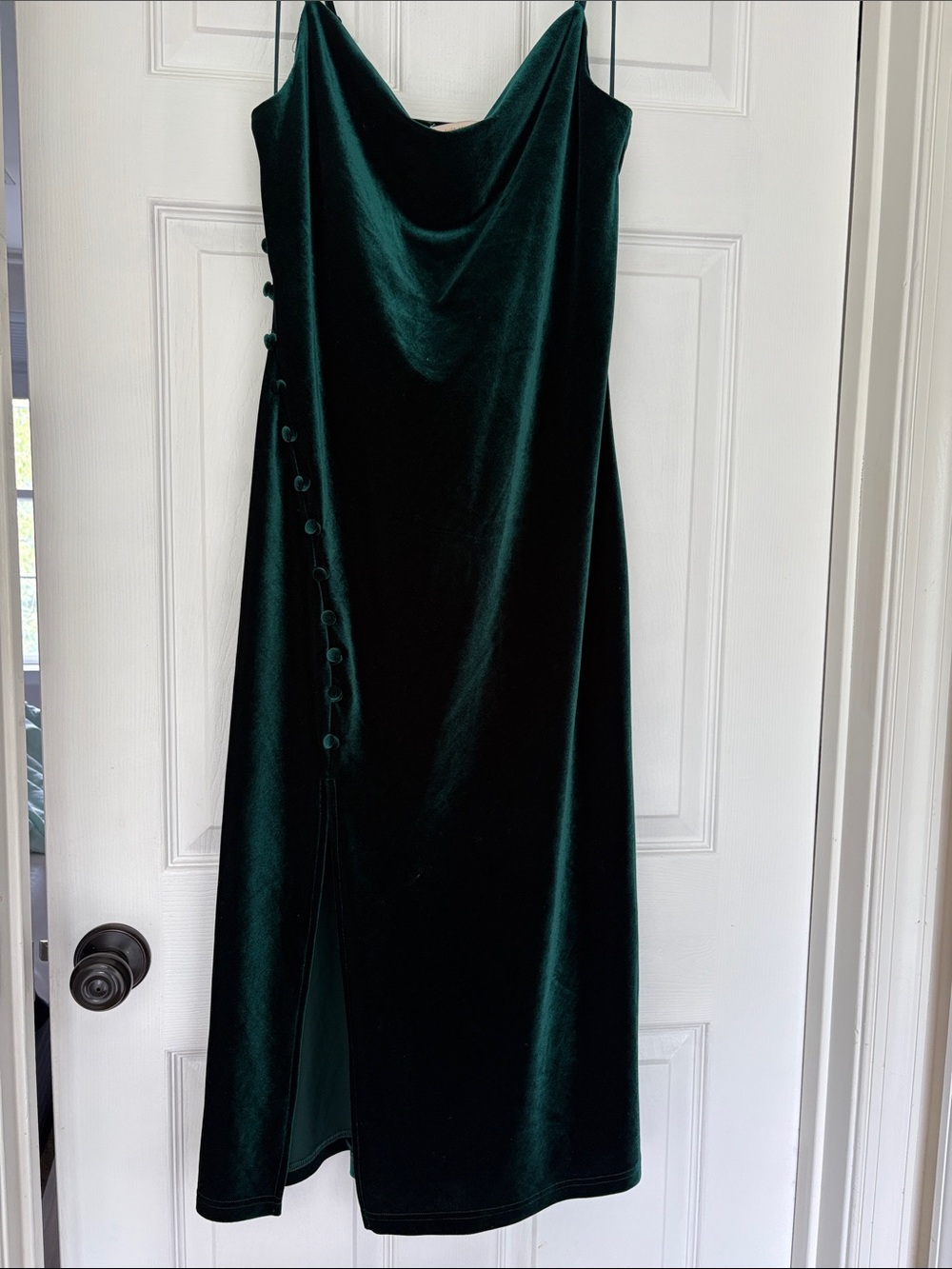 Deep Green Velvet Midi Slip Dress with Side Button Detail